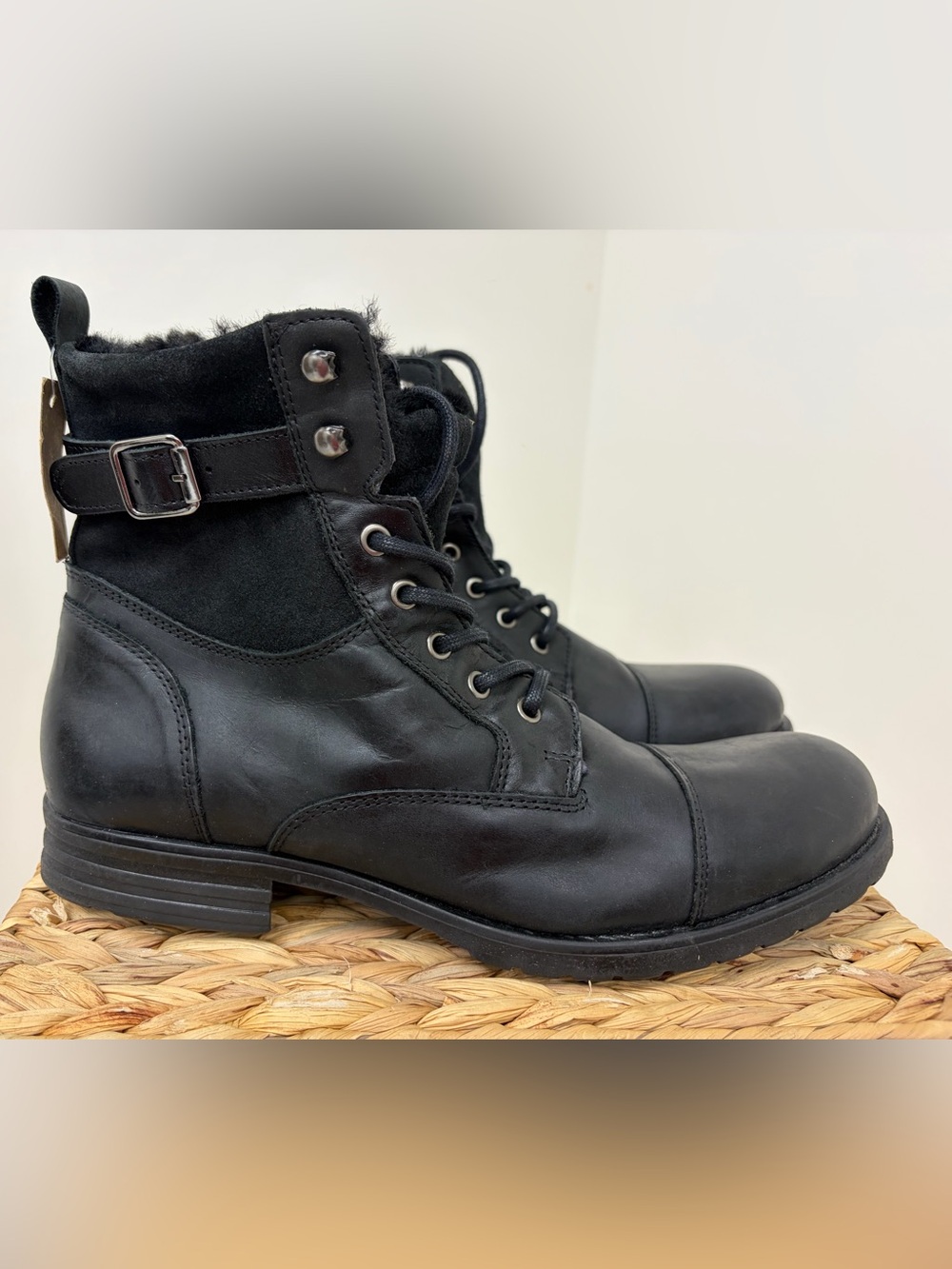 Men's Black Lace-Up Leather Ankle Boots with Buckle Strap